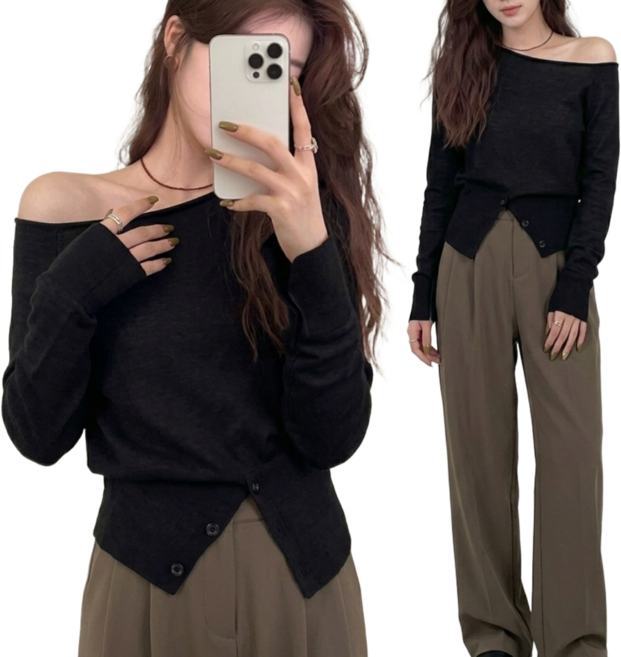 HIN 롱슬리브 원숄더 언발란스 티셔츠 버튼 트임 오프숄더