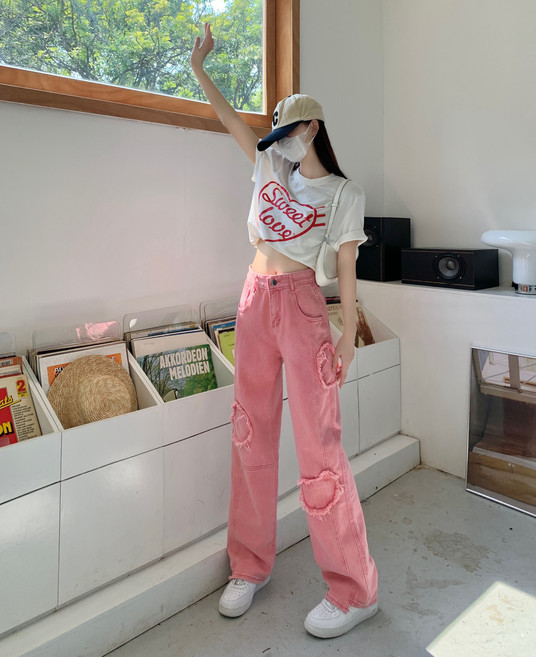 센스 하트 와이드 스트레이트 스파클링 핑크 와이드 팬츠 청바지 여