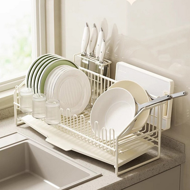 Frokom 가정용 자동배수 식기건조대 풀세트 그릇 접시 도마 수저 정리대, 아이보리, 1개