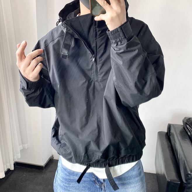 캐주얼 남성 반집업 바람믹이 빅사이즈 루즈핏 풀오버 남자 후드 자켓 트렌디 남성 아노락 바람막이 CJJ