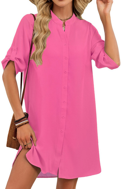 【春夏爆款】V領連衣裙 襯衫裙 連衣裙女 中袖連衣裙 紐扣連衣裙 通勤連衣裙 法式復古設計 收腰顯瘦 歐美外貿原單 亞馬遜速賣通熱銷, 玫紅