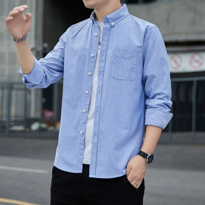 男士襯衫2024春秋季男士長袖修身襯衣純色百搭男士商務休閒上衣棉