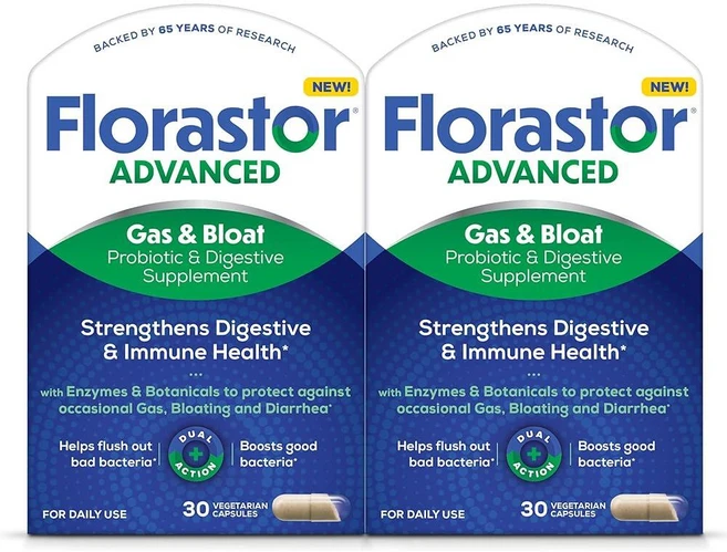 Florastor Advanced Gas and Bloat 프로바이오틱스 소화 효소 및 식물 소화 건강을 위한 프로바이오틱스 30캡슐 (2팩), Florastor Advanced Gas AND & B - 쿠팡