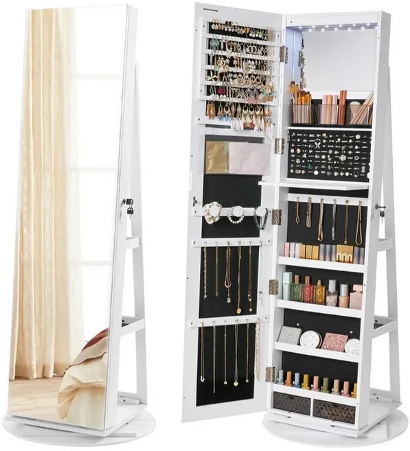 360도 회전 가능한 스탠딩 거울 겸용 보석함, 01 White, 1