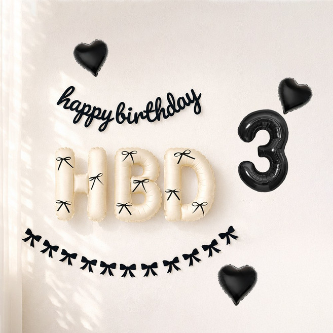 해피제이니 HBD 이니셜 생일 호일풍선 블랙 리본 생일가랜드 파티용품 세트, 1세트, 크림풀세트 숫자3