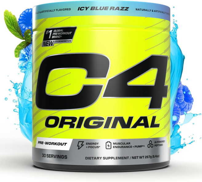 셀루코어 C4 오리지널 프리 운동 파우더 무설탕 남녀 200mg 카페인 + 카노신 베타-알라닌 크레아틴 AI 펩타이드 - 하와이안 펀치 30인분, Icy Blue Razz, 9.1 Ounce (Pack of, 267g, 1