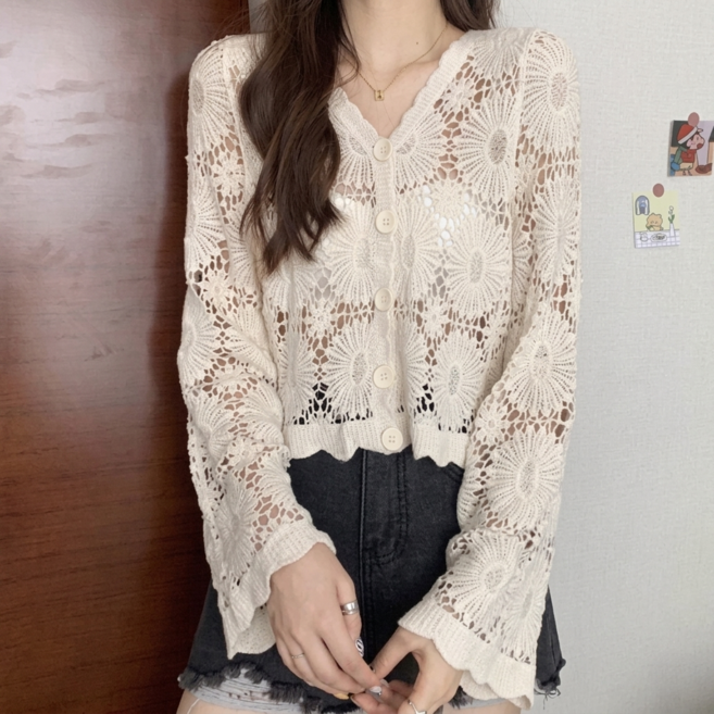 女裝長袖網紗罩衫 泳衣外套 海邊度假防曬, 11#杏色