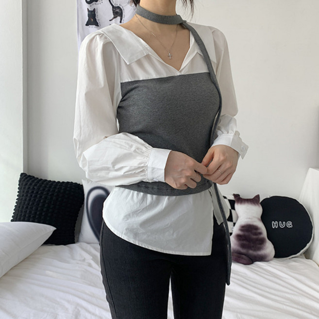 [모던룩/2col] 벨라 일체형 뷔스티에 니트 셔츠 타이 머플러 세트