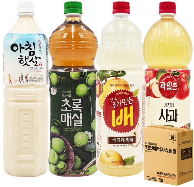 [한번에먹자] 1.5L 4종 음료수 혼합모음 / 아침햇살 + 초록매실 + 갈아만든배 + 아침에사과 / 각1개씩, 4개