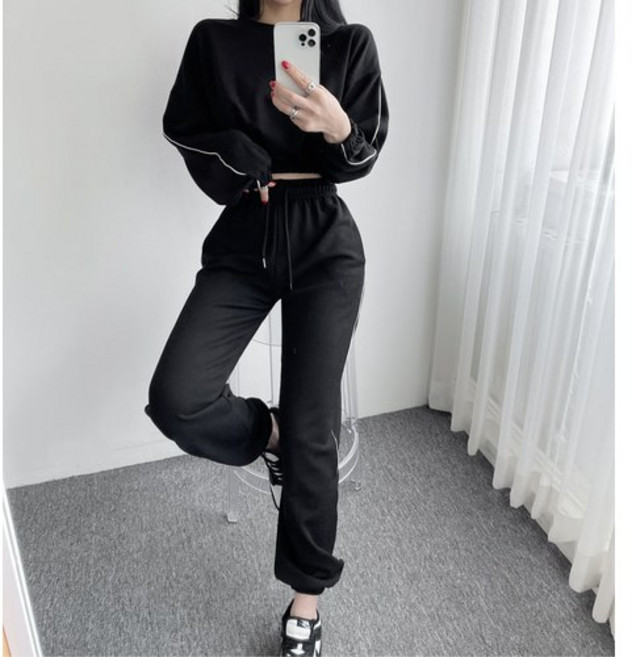 삥줄 포인트 크롭 맨투맨+조거 밴딩 팬츠 세트 3컬러