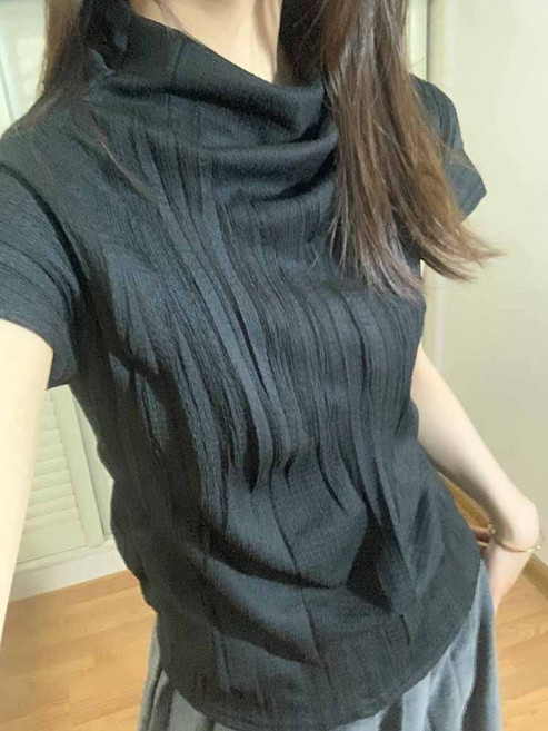 韓版純色復古半高領風琴褶短袖修身百搭上衣T卹女