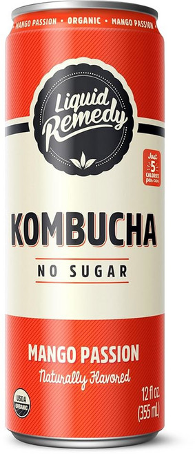 리퀴드 레미디 콤부차 무설탕 음료 저칼로리 장 을 위한 프로바이오틱스 - 진저 레몬 12 Fl Oz, Mango Passion, 355ml