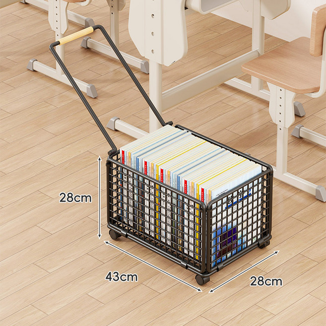 書本收納箱大容量帶拉桿書籍置物架教室可移動書包課本儲物小推車, 1個, 黑色-中號:如图