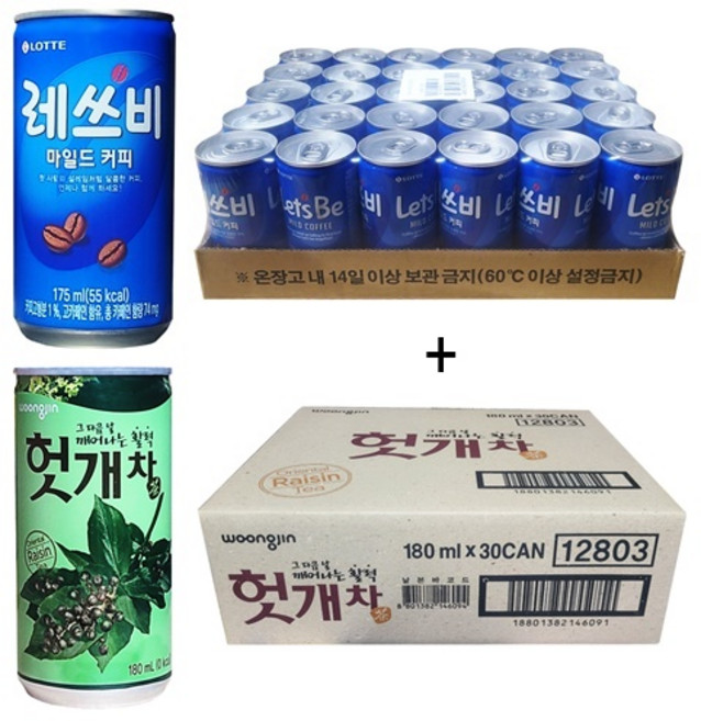 레쓰비 마일드커피 175ml(30캔) + 웅진 헛개차 180ml(30캔), 60개, 175ml
