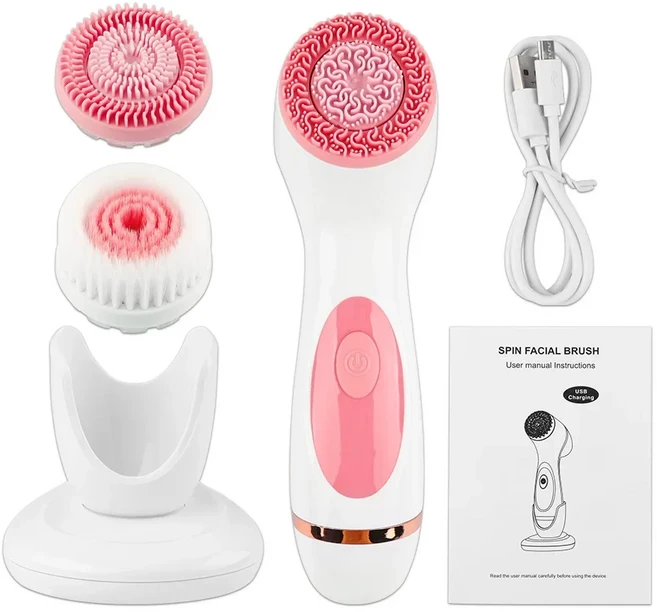 3 in 1 전동 얼굴 클렌징 브러쉬 실리콘 회전식 세안 브러쉬 딥 클렌징 브러쉬 방수 페이셜 마사지기, 02 Pink  NO box