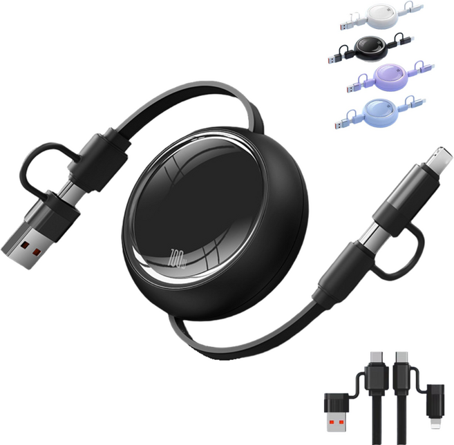 에이릴 4 in 1 올인원 100W 초고속 릴 케이블 충전기, 1개, 블랙, 100mm