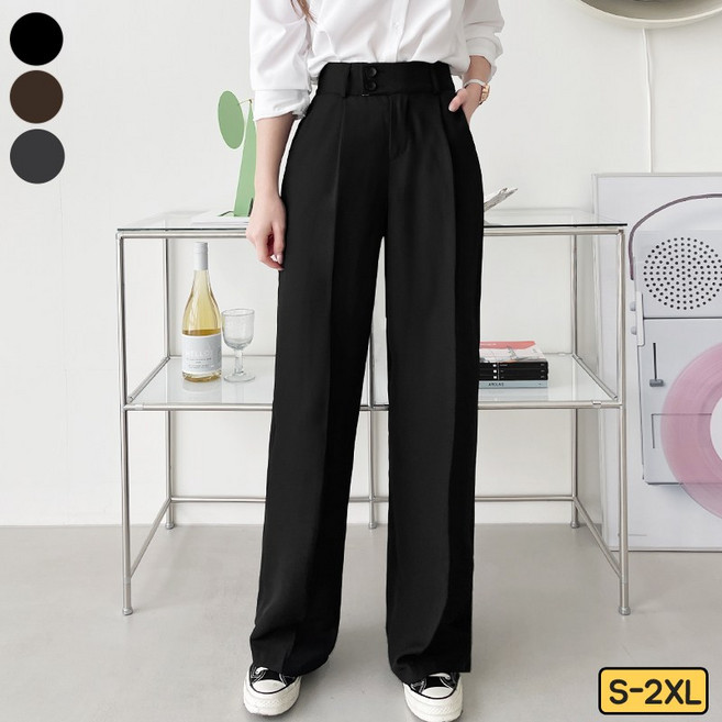 가비진 여성용 뒷밴딩 투버튼 핀턱 일자 와이드 슬랙스 팬츠 바지 하객룩바지 정장바지 빅사이즈까지