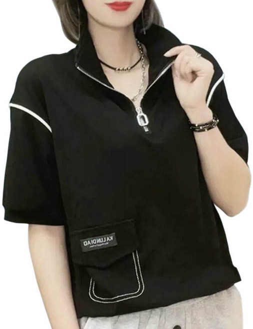 빅사이즈 카라넥 반집업 심플 5부 반팔 티셔츠 여성 여름 편한 루즈핏 날씬해보이는 얇은 시원한 캐주얼 티