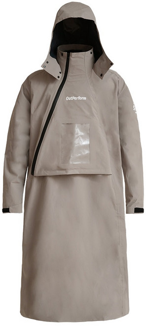 OutPerform 背包款半斜開雙拉鍊防水透氣連身式雨衣 藏青 XL, 奶茶