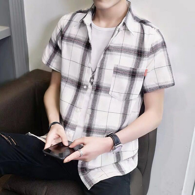 夏季薄款格子襯衫男 寬鬆短袖襯衣 韓系休閒上衣