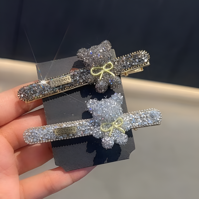 블링 큐빅 곰돌이 포인트 사이드 앞머리 헤어 집게핀 2종 세트