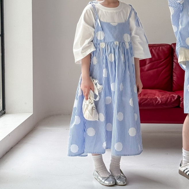 구빠방 아동 도트 스트라이프 뷔스티에 끈 나시 원피스