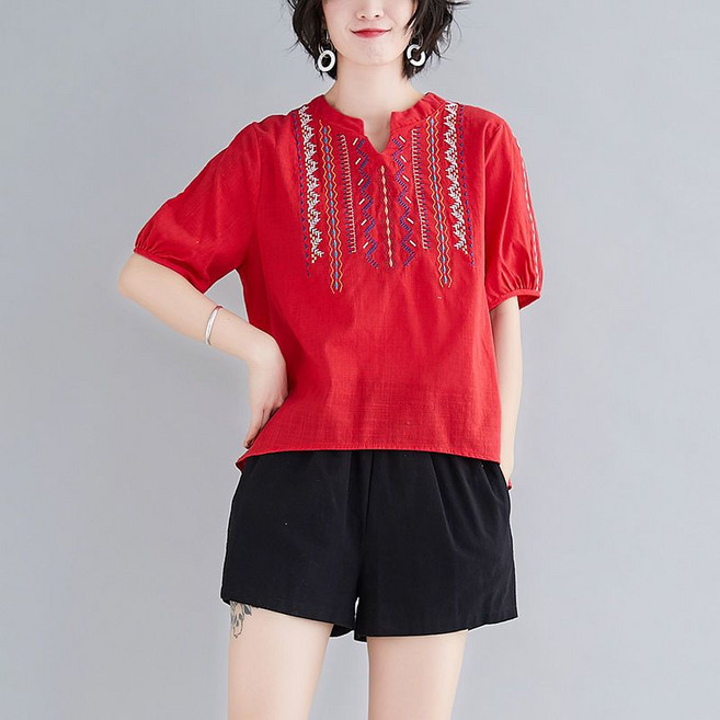 Makone 여성 빈티지 에스닉 자수 반팔 상의 루즈핏 브이넥 반소매 티셔츠