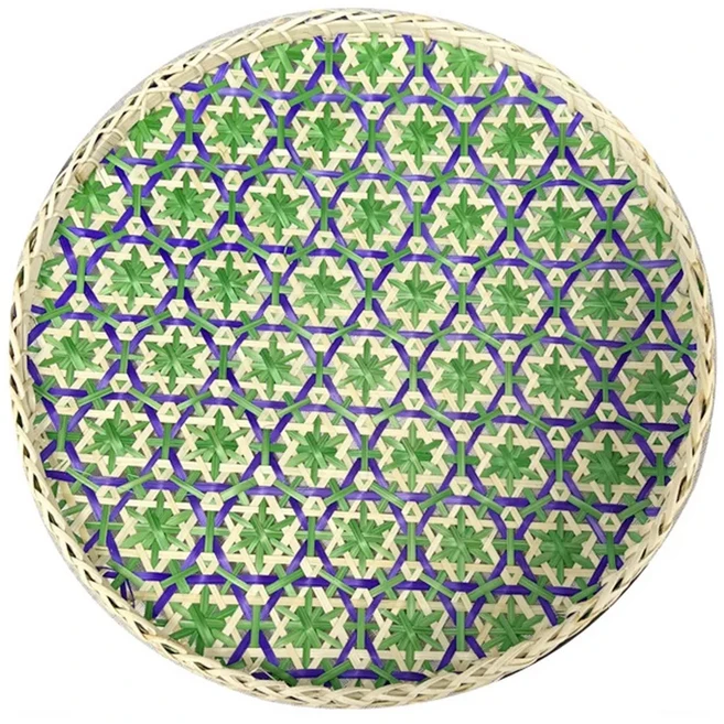 다채로운 수제 대나무 원형 트레이 가정용 직조 과일 바구니 장식용 보헤미안 스타일 접시 욕실용, Homoyoyo 호모요요 노르딕 스타일 시멘트 주얼리, 07 Green-25cm