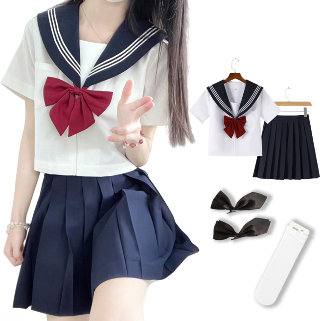 [리쿠찌] 세일러복 나비리본JK교복세트 (머리띠 눈꽃양말)증정 반팔/긴팔 JK 고등학생교복 세라복 할로윈 코스프레 의상 귀여운 학교 학생복/고급형