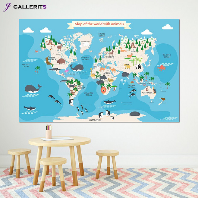 갤러리츠 어린이 세계지도 아기방 아이방 인테리어 그림, 중형-59x40(가로x세로cm), P800-1-세계지도 풀컬러