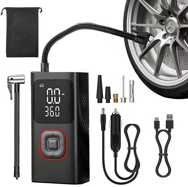 아우리넥스 휴대용 셀프 타이어 공기압 주입기, 블랙, 1개