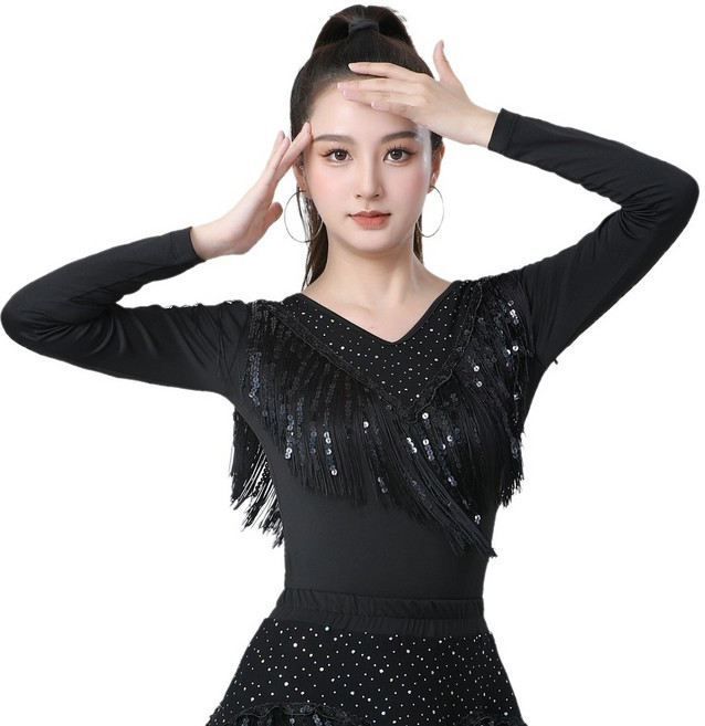 와우진플 스팽글 수술 긴팔 블랙 라인 댄스복