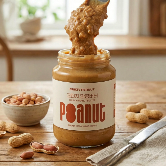 크레이지피넛 땅콩버터 크런치 무설탕 100% 국산 땅콩 버터 잼, 500g, 1개