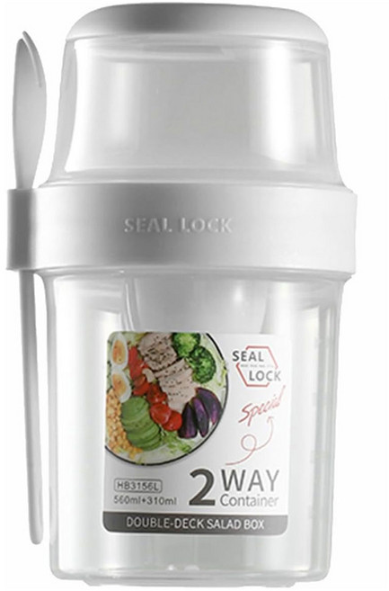 씰락 휴대용 이중 샐러드 컵 스푼 포함 일반도시락, 1개, 310ml + 560ml 흰색
