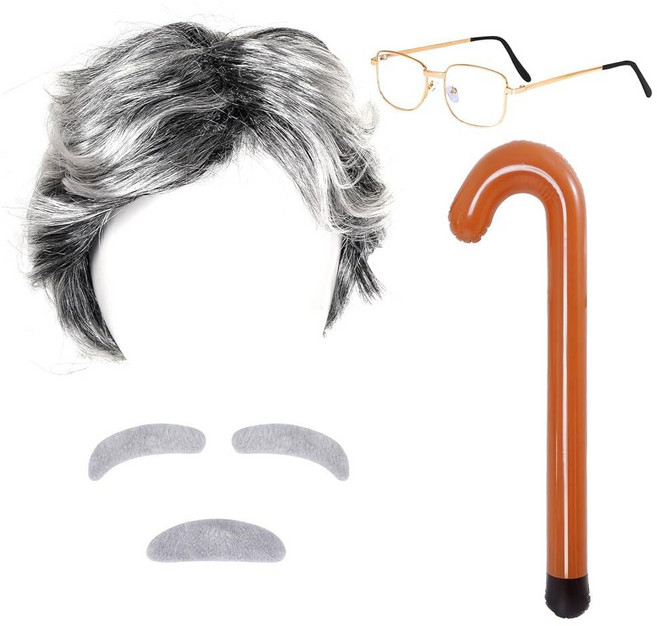 Cnomg 노인 가발 안경 세트 할아버지 코스튬 액세서리 가짜 수염 인조 눈썹 공기 주입식 워킹 지팡이 코스프레용