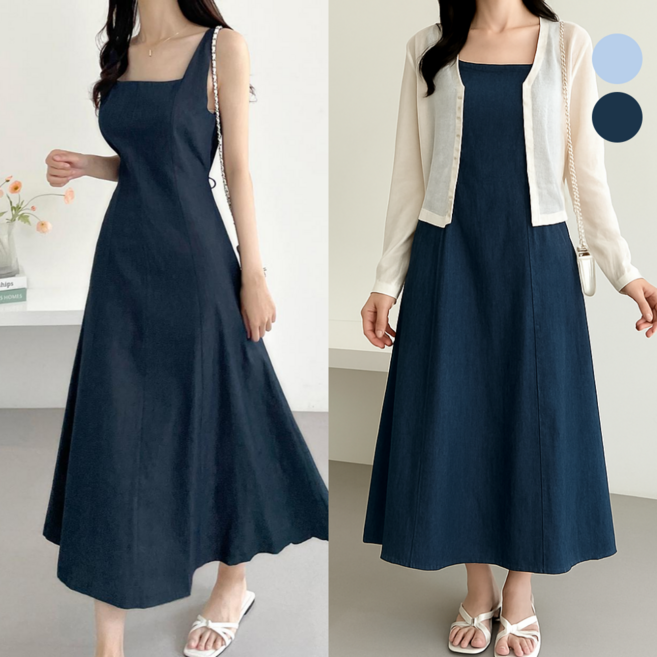 핏몬 여성 린넨 데님 뷔스티에 슬림 멜빵 여름 나시 롱 원피스