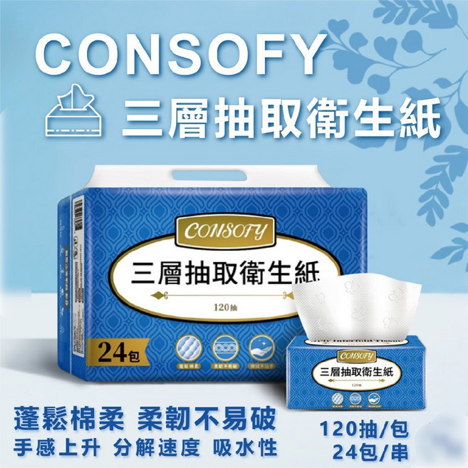 CONSOFY 三層抽取式衛生紙 120抽x24包/串, 一單限購一箱, 120抽