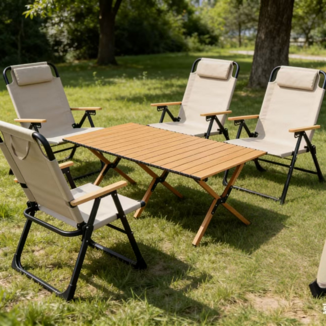 접이식 캠핑 의자 4개 + 테이블 1개 4인용 세트 각도조절 릴렉스 헤드 쿠션 캠핑의자 롤테이블 세트, 오크옐로우