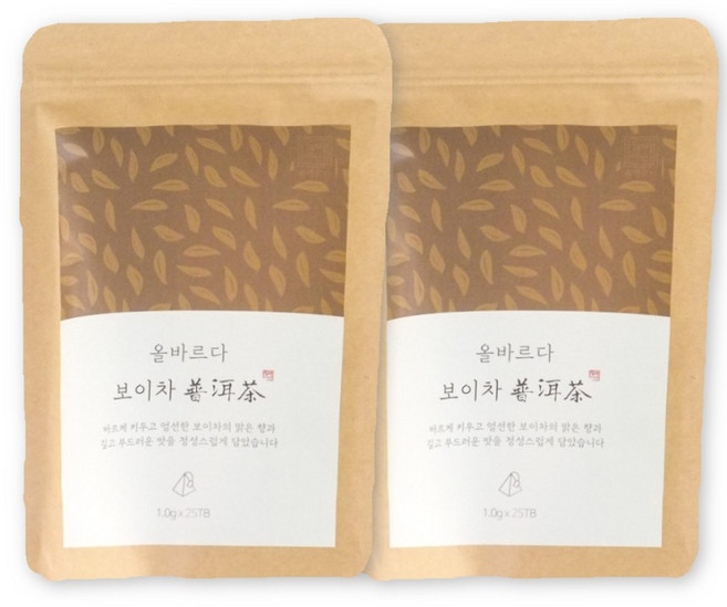 올바르다 보이차 티 티백, 2봉, 25개입, 1g