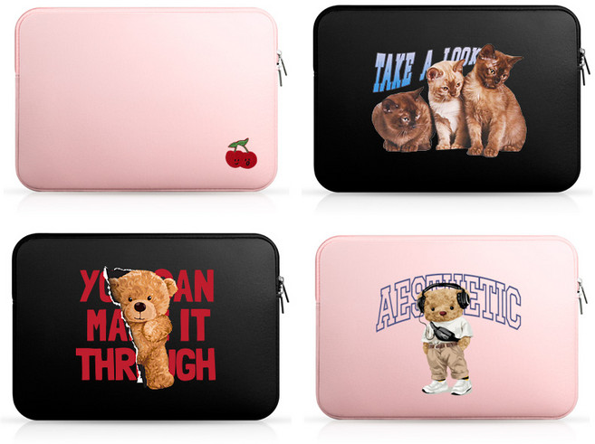 [13인치-17인치] 네오플랜 캐릭터 노트북 아이패드 태블릿 보호 케이스 파우치 곰돌이 고양이, 05.캣트리오, 핑크, 1개