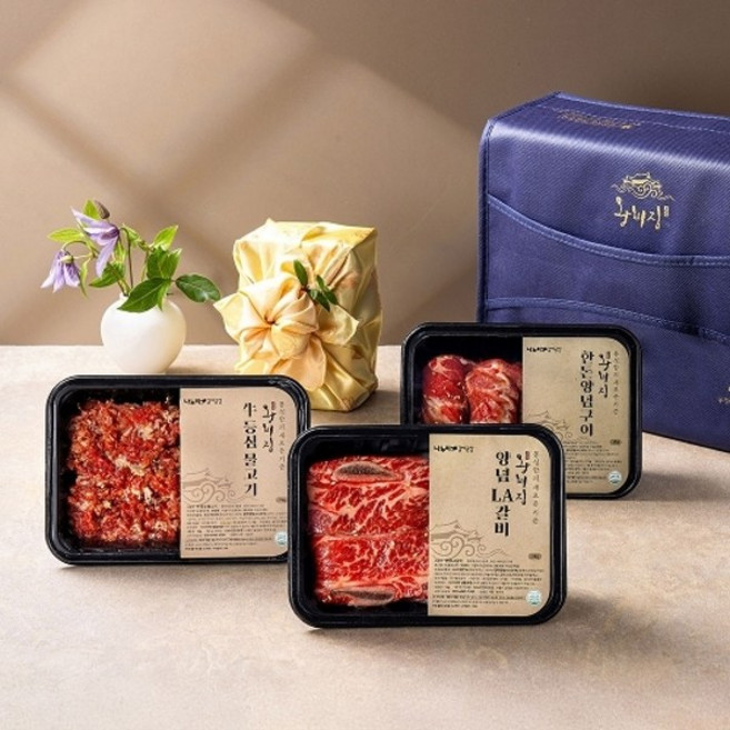 이푸른 [왕비집] 양념갈비 선물세트 3호(블랙앵거스 양념LA갈비1kg+등심불고기1kg+유황먹인 한돈양념구이1kg), 양념갈비 선물세트 3호 / 블랙앵거스 LA갈비 1kg+, 1kg, 1