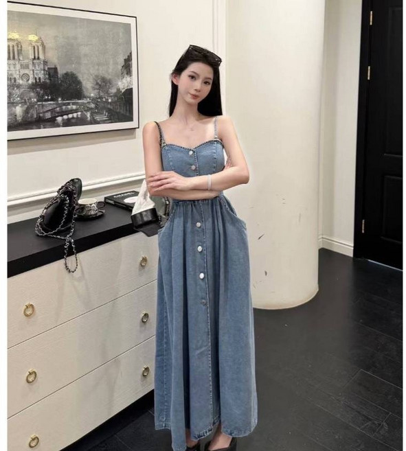 One'an 桃心領排釦牛仔開衩連身長裙, 藍