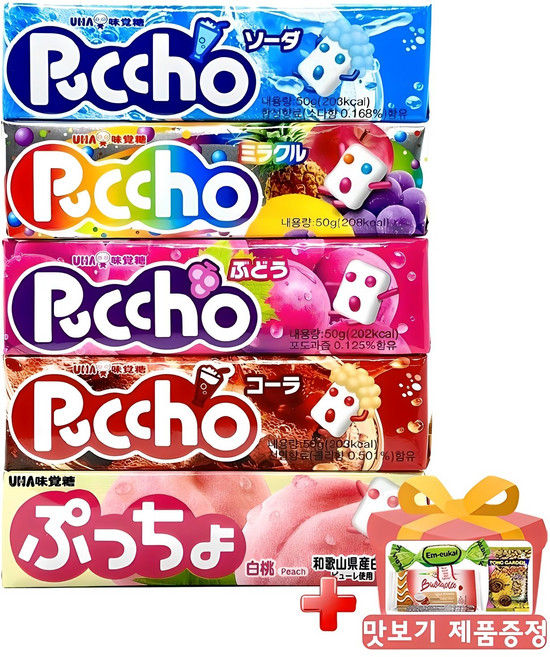 푸쵸 스틱캔디 5종세트(소다+그레이프+쥬시미라클+콜라+피치 50gx5개), 1세트, 250g