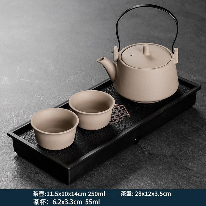雙人陶瓷功夫茶具 紫砂西施壺1壺2杯, 3頭粗陶提樑壺 光面 盤, 1套