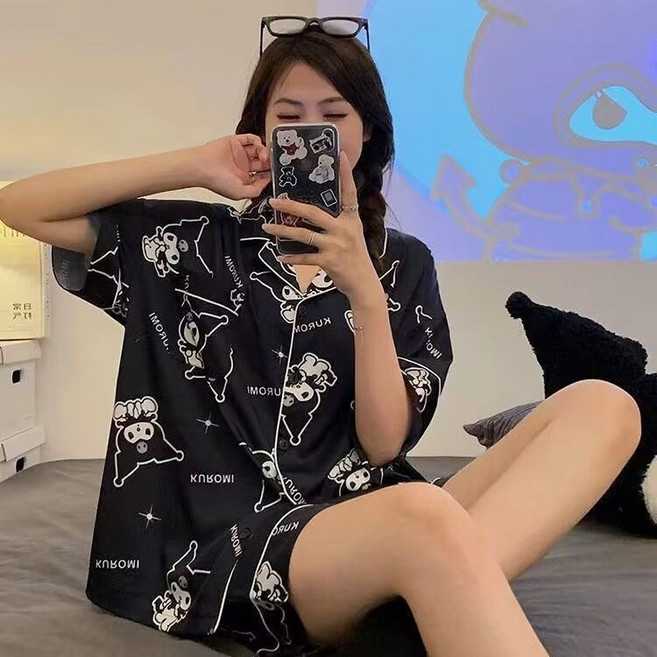 藍天睡衣女夏季冰絲短袖可愛網紅風仿真絲綢家居服兩件套