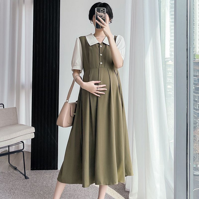 여름 임산부 롱 원피스 데일리 임부 기질 페이크 투피스 터틀넥 원피스 캐주얼 임부복 원피스 JXH