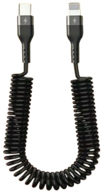 Type-C 伸縮彈簧充電線 5A超級快充, 黑色-Type-C to lightning, 1個, 1m