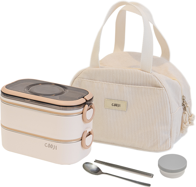 쿠지 2단 스텐도시락통 전자레인지 밀프랩 가방 세트, 1개, 오트밀