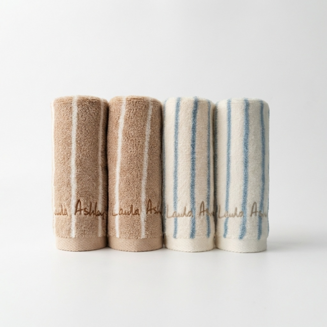 로라애슐리 핸드타월 60수 스트라이프 4P 선물세트, 1세트, 핸드타월 스트라이프 블루 2P+브라운 2P