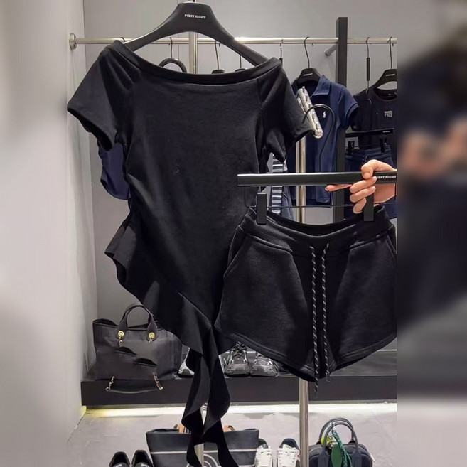 지고다그 여성 여름 반팔 크롭 상의 밴딩 팬츠 세트 편안한 데일리 캐주얼 트레이닝 투피스 GJX2259